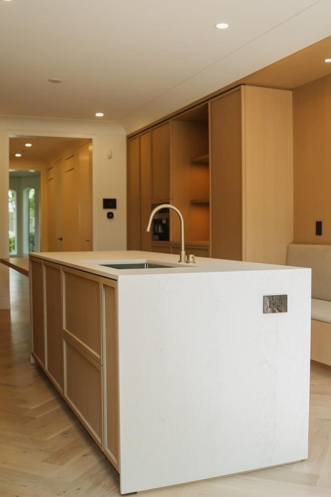 Kitchen island in white stone atop a herringbone oak floor
